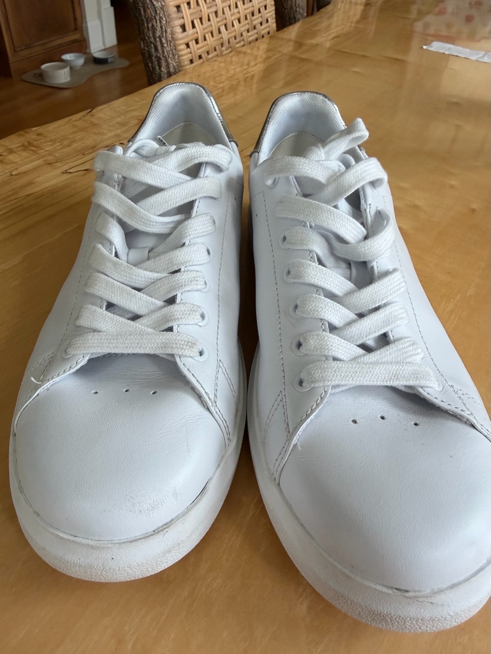 Tory Burch Howell Court Classic White Leather Sneakers. Silver at the heel.